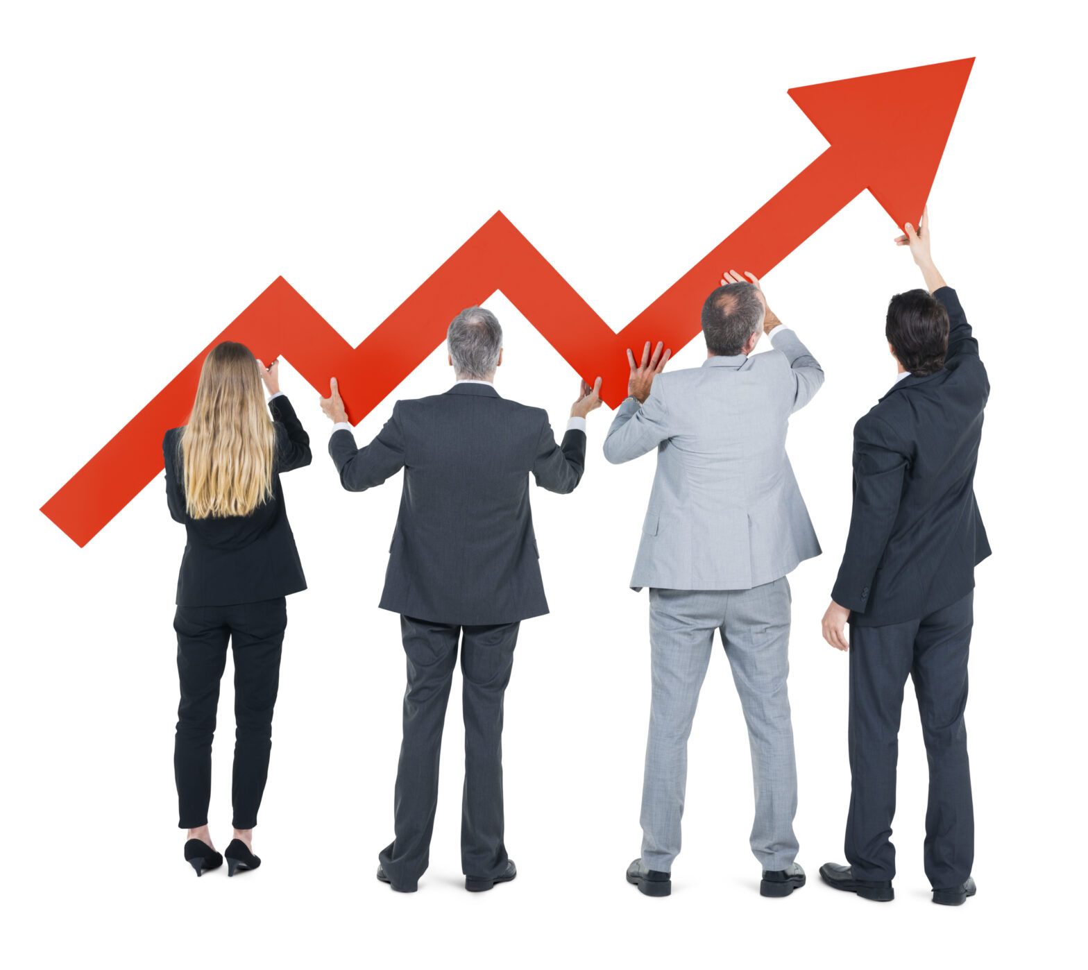 four people looking at upward chart representing business growth because they decided to resell SEO services